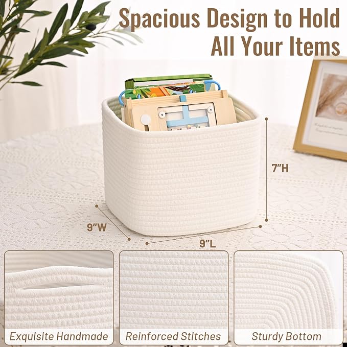 3 Pack Cube Storage Bin, 9”x9”x7” Cotton Rope Woven Baskets for Organizing Toys Clothes Towels, Square Gift Storage Baskets for Shelves, Nursery, Closet, Bathroom, Pantry (White)