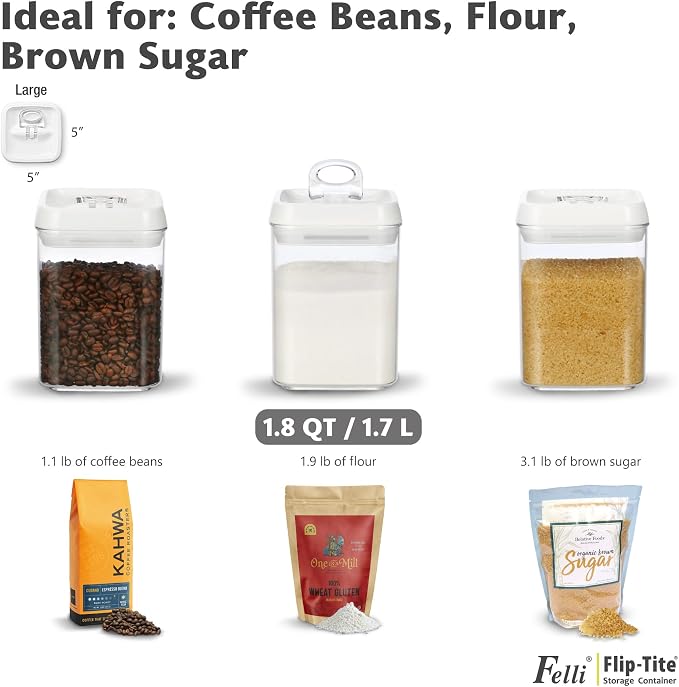 Felli Flip Tite Storage Container with Built-In Spoon & Airtight Lid 5” Large-M Ring Flip Top, Stackable Acrylic Canister for Sugar Flour Powder, Kitchen Pantry Organizer (1.8qt), 2 spoons