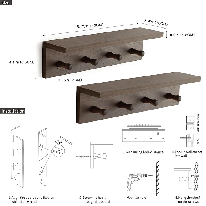 Entrance Coat Rack ，Coat Hooks, Wall-Mounted Wooden Hook Rack, Wall-Mounted Shelves are Very Suitable (Walnut Color Finish—A-2)