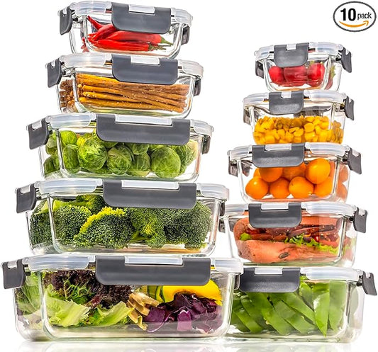 Glass Food Storage Containers with Lids Airtight, Glass Meal Prep Containers for Lunch Food, Container Set, Easy to Open& Close/Microwave,Oven,Freezer,Dishwasher Safe/Leak-Proof（20 Pieces）
