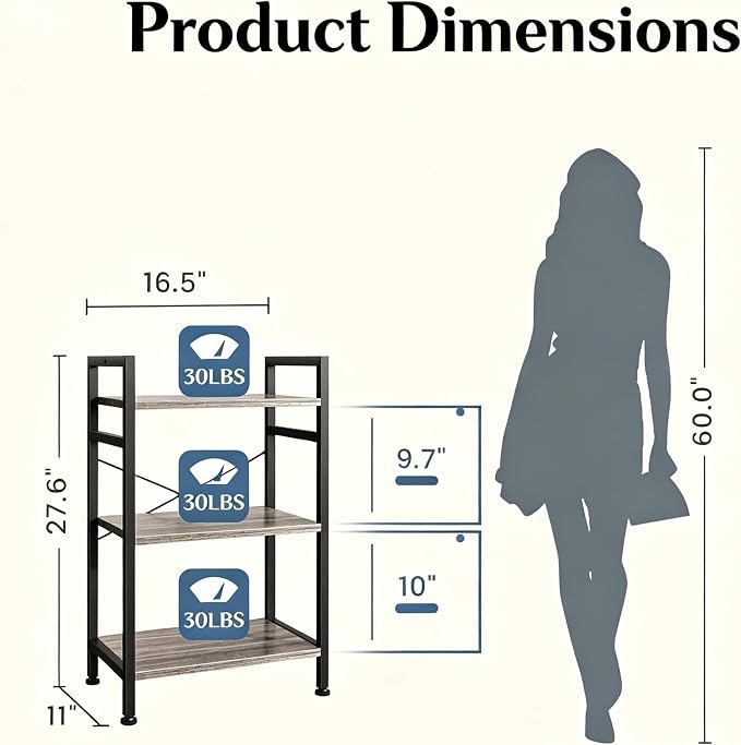 HealSmart 3 Tier Bookshelf, Free Standing Book Shelf Home Office Bookcase Shelf Storage Organizer for Bedroom, Bathroom, Living Room, Office, Balcony, Gray Wood