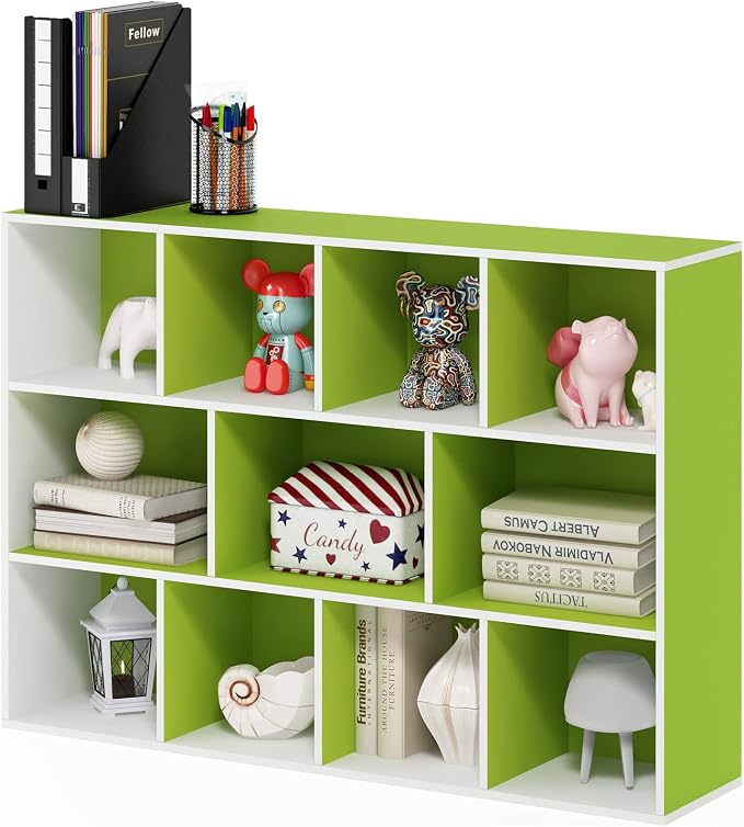 Furinno LUDER Book Shelf, 11-Cube Bookshelf, Reversible Bookcase, 9.4 x 29.1 x 41.7, Easy Assembly, for Living Room, Bedroom, Home Office, White/Green
