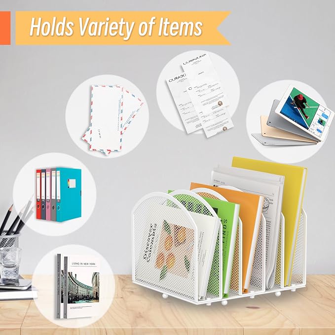 MINDEPOT Desk File Organizer 5 Sections Desktop Organizer File Sorter Office Organization File Folder Holder for Office School & Classroom (White, 5 Section - 1Pack)