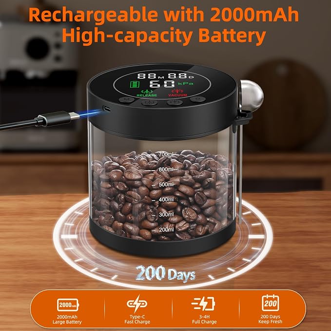 Automatic Vacuum Coffee Canister, 0.8L Coffee Container with LED Display | Smart Pressure Sensor,Window,Scoop Rechargeable Airtight Electric Coffee Bean Storage for Home Kitchen Ground Food Storage