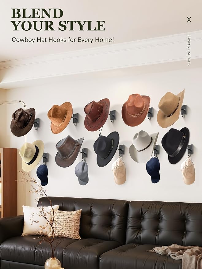 Cinati Cowboy Hat Rack for Wall 12 Pack, Cowboy Hat Holder Wall Mount, Western Rustic Metal Hats Hanger Hooks Organizer for Fedora,Sun Hats,Wide Brim, Extra Hooks for Baseball Caps,Western Room Decor