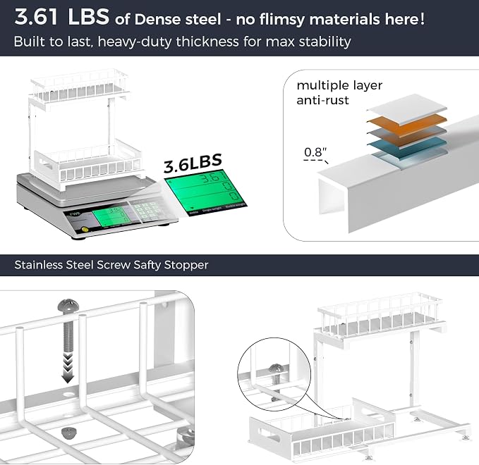 L-Shaped Under Sink Organizer, 2-Tier Pull-out Cabinet Rack 1-Pack | White Height-Adjustable Metal Rack, Sliding Grid Drawers with Safety Stopper, Holds 100 Lbs, Ideal Kitchen Cabinet Storage