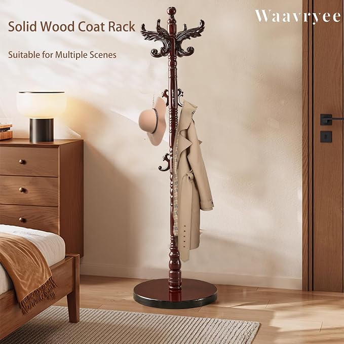 Wood Coat Rack Stand Vintage Coat Rack Freestanding with 14 Hooks | Solid Wood Coat Rack with Round Base,Wooden Coat Hanger Stand,Classic Coat Clothes Tree Stand for Office,Bebroom