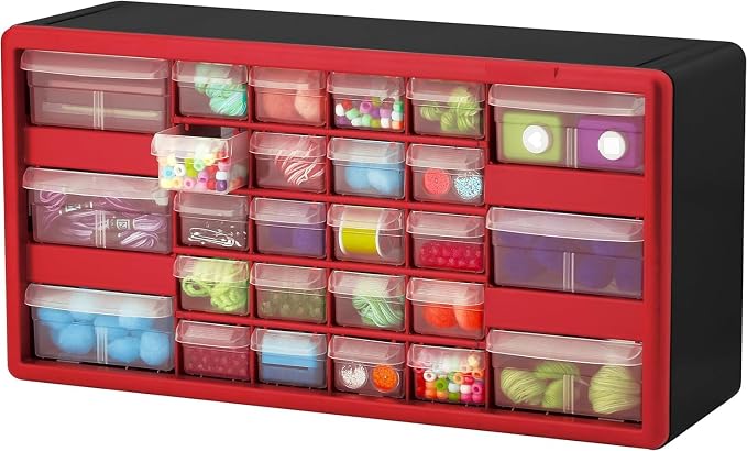 Akro-Mils 26-Drawer Plastic Storage Cabinet, 20"W x 6"D x 10"H, Red