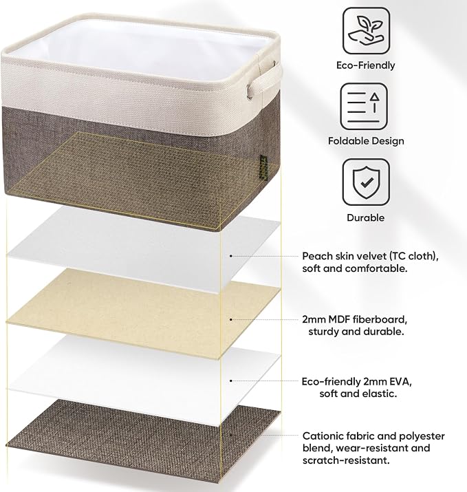 BALEINE 2 Pack Fabric Closet Storage Bins for Shelves, Linen Closet Organizers and Storage, Decorative Baskets for Organizing, Shelf, Clothes, Home, Office (Brown, 12"x8"x8")