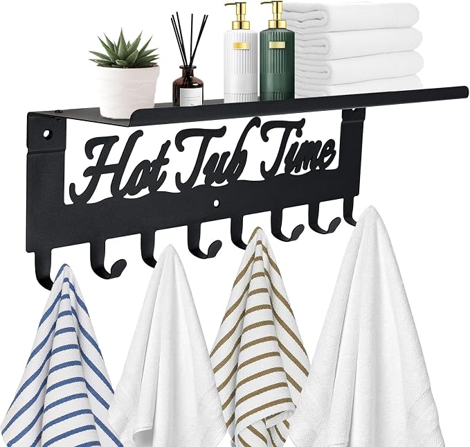 IBosins Hot Tub Towel Rack with Shelf 8 Hooks Towel Holder Wall Mount Black | 16-Inch Bathroom Metal Towel Hanger Robes, Towels, Clothes Organizer - Hot Tub Outdoor Accessories and Decor
