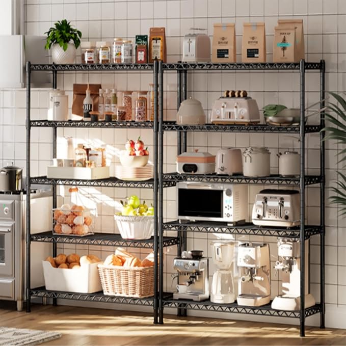 REIBII 72''H Metal Shelving 5-Tier Storage Shelves,1100lbs, Kitchen Pantry | Adjustable wire shelves,220 lbs/shelf, safety locks,adjusatble leveling feet,tool-free setup,fits garage, bathroom,commercial