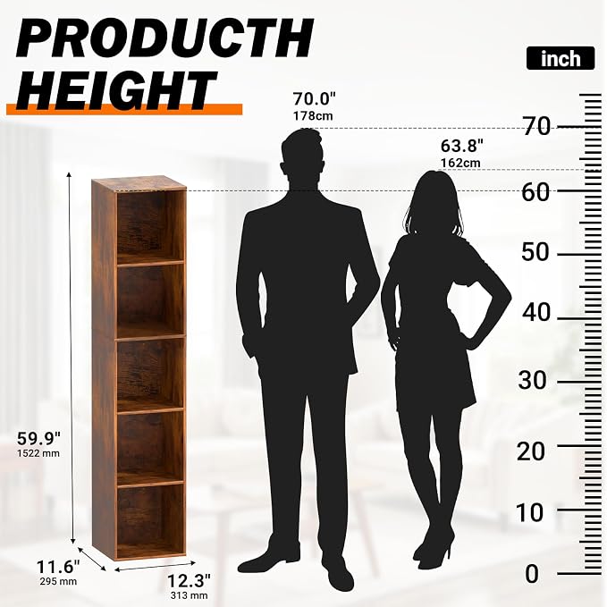Cube Storage Organizer, 5 Cube Retro Bookshelf, Freestanding 5 Tier Open Shelf, Rustic Brown Retro Shelves for Home Office, Bedroom, Living Room, Study
