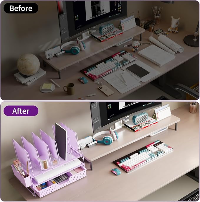 LEKETREE Desk Organizer, Office Organization with Vertical File Holder, File Organizer with Drawer and Pen Holder, Desk Accessories and Workspace Organizers for Home Office (Purple)