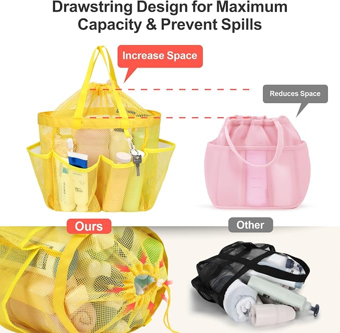 Mesh Shower Caddy Portable with Drawstring - 2-Handle Shower Bag for Dorm | 8 Deep Pockets, S-Hook, Quick-Dry Mesh, College Dorm Room Essentials for Girls, Camping, Gym, Travel, Yellow