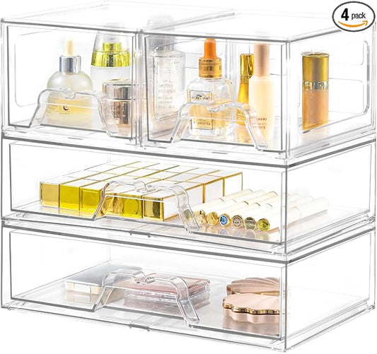 4 Pack Stackable Storage Drawers, Clear Acrylic Organizer, Makeup Organizer | with Pull-out Drawer,Pantry Organization for Beauty Supplies,Ideal for Vanity, Bathroom,Cabinet
