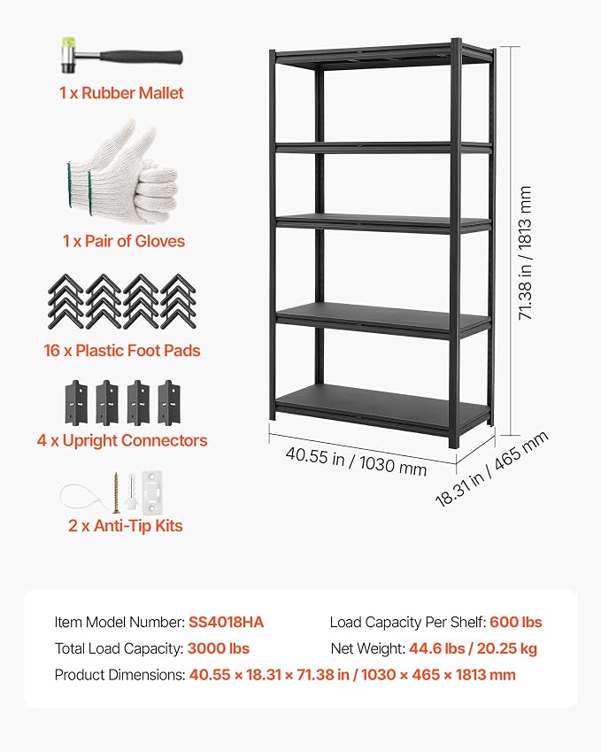 VEVOR Storage Shelves, 5-Tier Adjustable, 3000 lbs Capacity, Heavy Duty Garage Storage Shelving Unit, Metal Utility Rack Shelf, for Garage Warehouse Basement Kitchen, 40.55" W x 18.31" D x 71.38" H