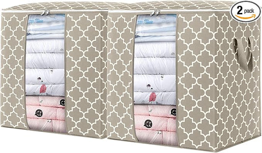 WISELIFE Storage Bags 2 Pack/100L Large Blanket Clothes Organization and Storage Containers for Comforters,Bedding, Foldable Organizer with Reinforced Handle, Clear Window, Sturdy Zippers,Beige