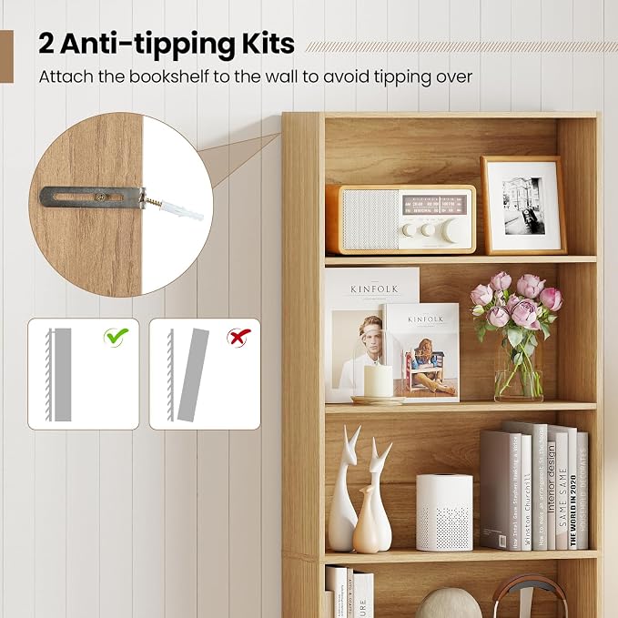 Giantex 6-Tier Bookcase Set of 2, 70" Tall Wooden Bookshelf, Freestanding Storage Organizer w/Open Shelves, Anti-Tipping Kits, Modern Floor Standing Display Shelves for Living Room,Natural