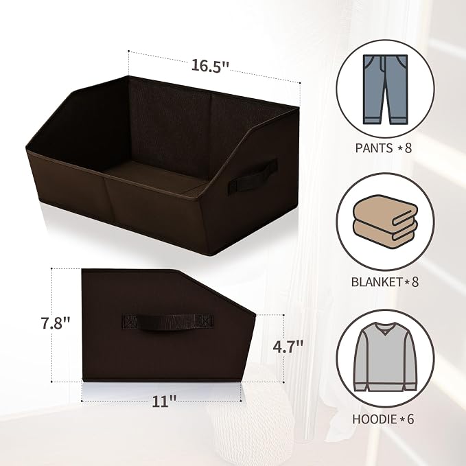 Homsorout Closet Baskets for Shelves Trapezoid - Decorative Storage Baskets with Handle, Closet Bins for Organization, Shelf Storage Bins for Clothes, Books, Home, Office, 4 Pack, Brown