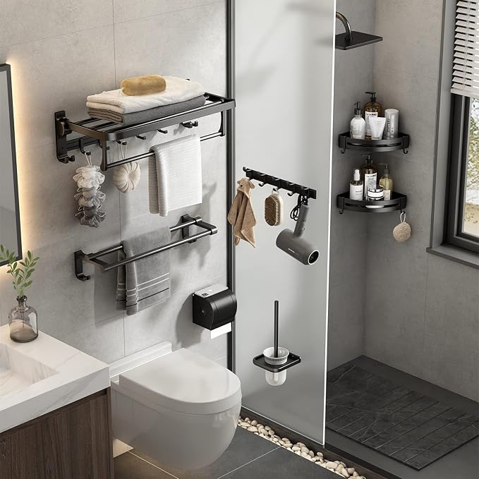 VOLPONE 24 Inch Towel Rack with Towel Bar Holder Foldable Towel Shelf with Movable Hooks Rustproof Towel Storage wall Mount for Bathroom Lavatory Matte Black