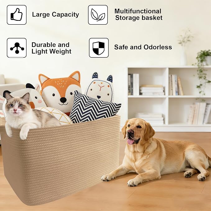 65L Collapsible Woven Rope Laundry Basket with Handles,Jute | 21x16x12 Foldable Rectangular Blanket Basket for Toys, Clothes & Pillows,Ideal for Nursery, Bathroom, Bedroom, Living Room