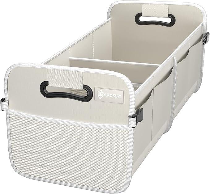 Sposuit Trunk Organizer for Car - 70L Collapsible Sturdy Car Storage, White | 11 Pockets & Reinforced Handles, Large Capacity, SUV Trunk Organizers for Grocery Cargo, Non-Slip Bottom