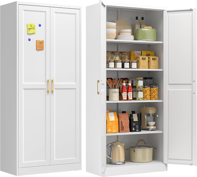 71" Tall White Metal Storage Cabinet with Doors, Heavy Duty | Freestanding Steel Kitchen Pantry Cabinet, 4 Adjustable Shelves (180 Lbs Load), Tall Cabinets for Home, Office and Garage