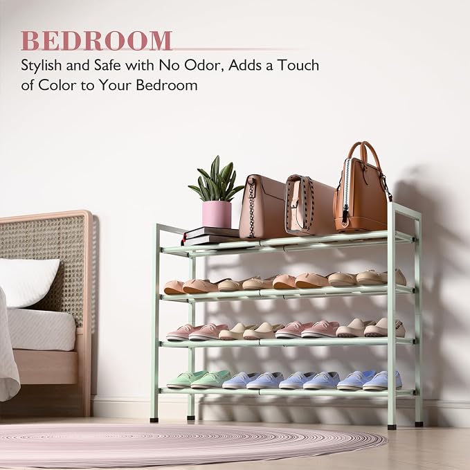 Bumusty 4 Tier Expandable Shoe Rack for Closet, Green | 18"-33" Adjustable Shoe Rack for Entryway, Small Shoe Organizer for Dorm, Front Door, Sturdy Metal