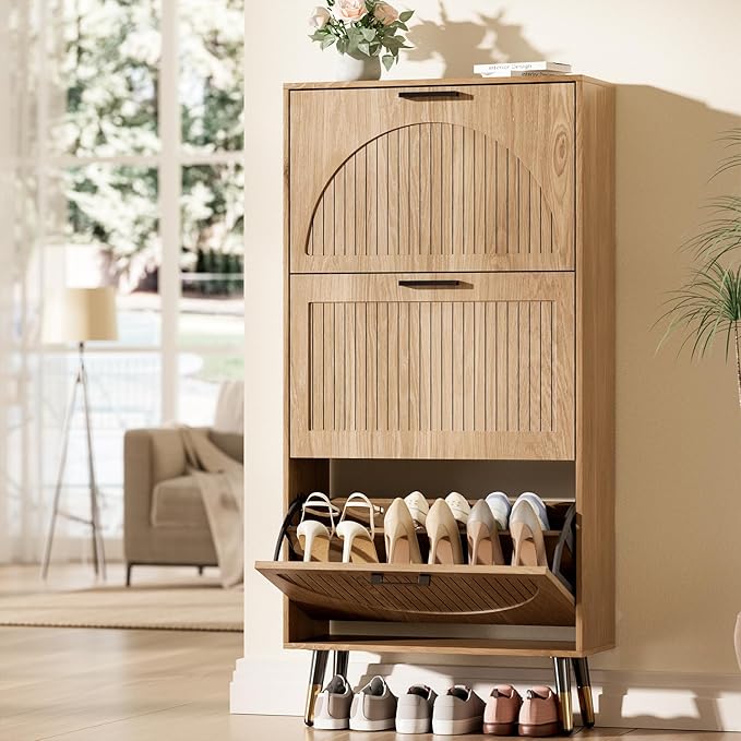 Farmhouse Shoe Cabinet Storage for Entryway, Slim Shoe Rack Cabinet with 3 Flip Drawers, Narrow Shoe Organizer Cabinet with Stylish Round Panel, Metal Leg and Handle