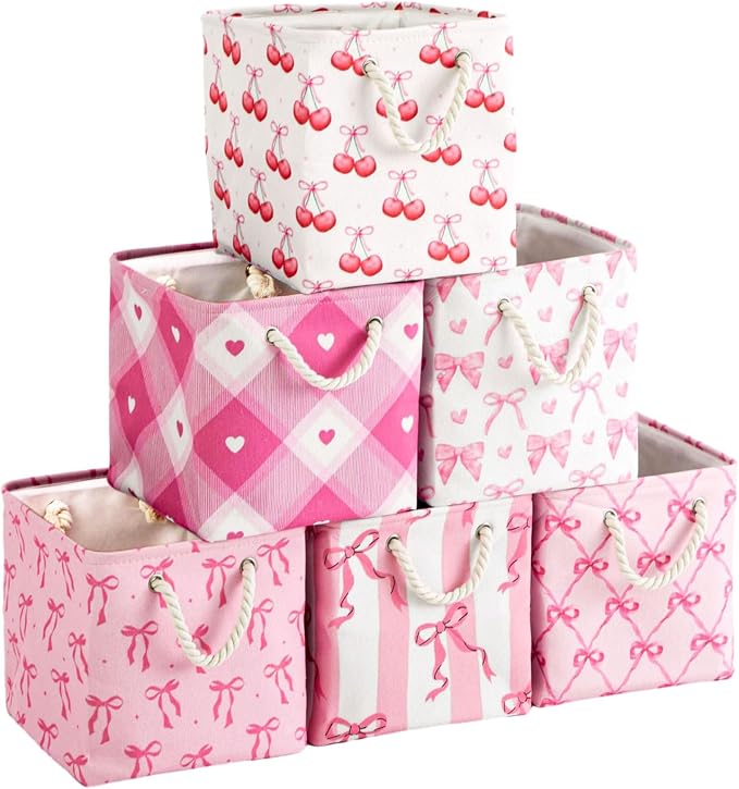 Geiserailie 6 Pcs 11 x 11 Inch Cube Storage Bins Fabric Storage Organizer Bins Foldable Cube Baskets with Sturdy Carry Handles Wicker Baskets for Home (Pink Bow)