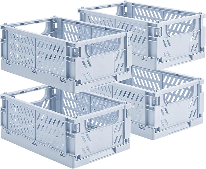 HUUSMOT 4-Pack Collapsible Plastic Storage Baskets, Blue, 9.8"x6.5"x3.8" | Pastel, Space-Saving, Collapsible Plastic Bins, Cute Mini Storage Crates, for Classroom, Kitchen, Office, Bedroom