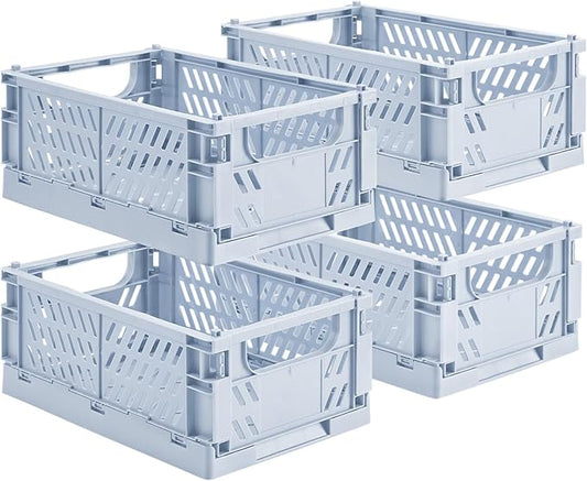 HUUSMOT 4-Pack Collapsible Plastic Storage Baskets, Blue, 9.8"x6.5"x3.8" | Pastel, Space-Saving, Collapsible Plastic Bins, Cute Mini Storage Crates, for Classroom, Kitchen, Office, Bedroom