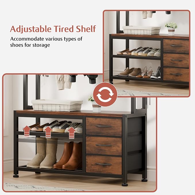 Hall Tree with Bench and 3 Drawers Storage, 31.5" Coat Rack Freestanding | Rustic Brown, 6-in-1, Top Cubby, 12 Coat Hooks, Adjustable Shoe Rack, Sturdy Metal Frame, Entryway Organizer