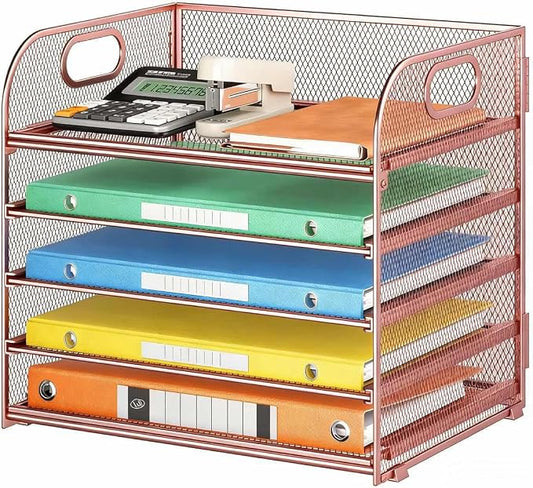 5 Tray Paper Organizer Letter Tray with Handle - Mesh Desk File Organizer, Paper Sorter Organizer for Office, Home or School File Folder Holder - Rose Gold
