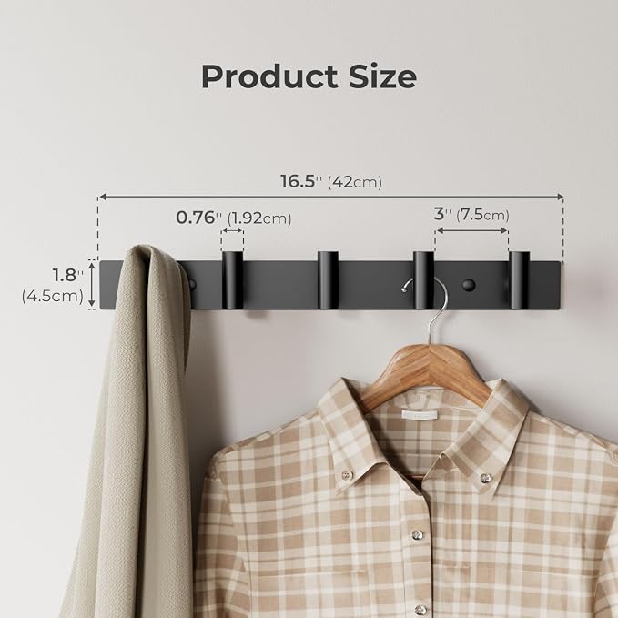 Black Wall Mounted Coat Rack – 5 T-Shaped Hooks on 16.5" Rail, (1 Pack) | for Hanging Hats, Bags & Towels, Heavy-Duty Metal Hooks for Entryway, Bathroom, Closet, Bedroom