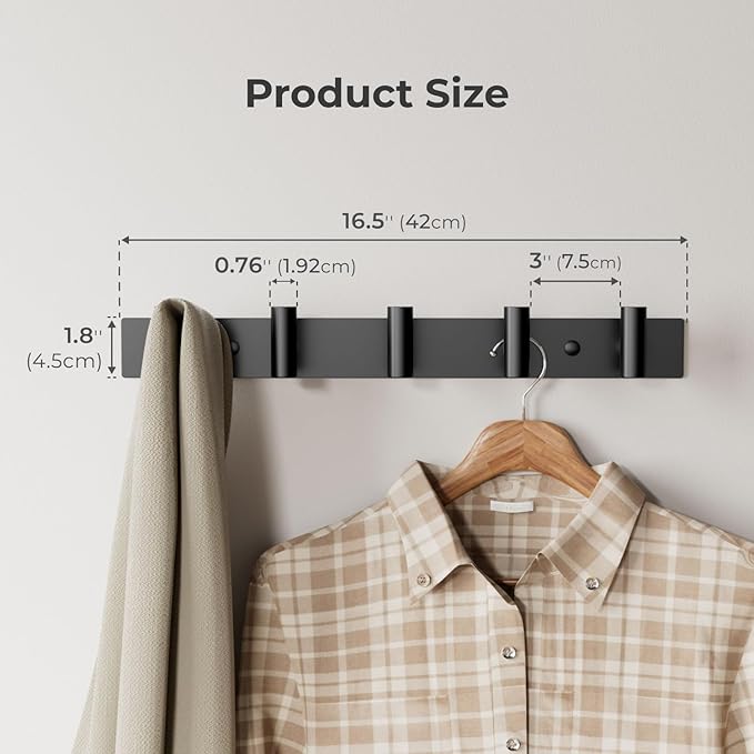 Black Wall Mounted Coat Rack – 5 T-Shaped Hooks on 16.5" Rail, (2 Pack) | for Hanging Hats, Bags & Towels, Heavy-Duty Metal Hooks for Entryway, Bathroom, Closet, Bedroom