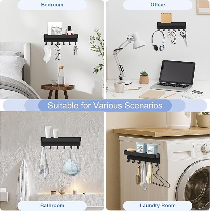 RELBRO Magnetic Key Holder for Fridge, Key Rack with Shelf, Black | Metal, Built-in Magnet, Top Tray, 2 Installation Options, Matte Finish, Compact, Key Rack for Refrigerator Camper RV Entryway