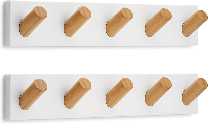LARHN Wall Mounted Coat Rack, White with 5 Heavy-Duty 1" Diameter Hooks | (2-Pack), 16.5" - Wall Hook Rack - Modern Scandinavian Home Decor