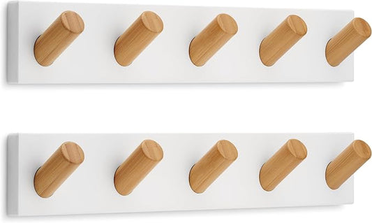 LARHN Wall Mounted Coat Rack, White with 5 Heavy-Duty 1" Diameter Hooks | (2-Pack), 16.5" - Wall Hook Rack - Modern Scandinavian Home Decor