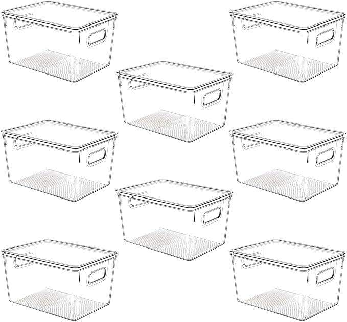 Clear Plastic Stackable Storage Bins with Lids, Pantry Organizers and Storage Containers Fridge Organizer Bins Kitchen Cabinet Organizer Bin for Organizing Under Sink Refrigerator Organization