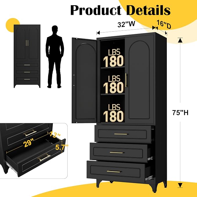 SteeLoong 75”Kitchen Pantry Cabinet, Metal Storage Cabinet with 3 Drawers | Black Pantry Cabinets for Kitchen Storage with 2 Adjustable Shelves,Tall Freestanding Cupboard for Living Room,Kitchen,Garage