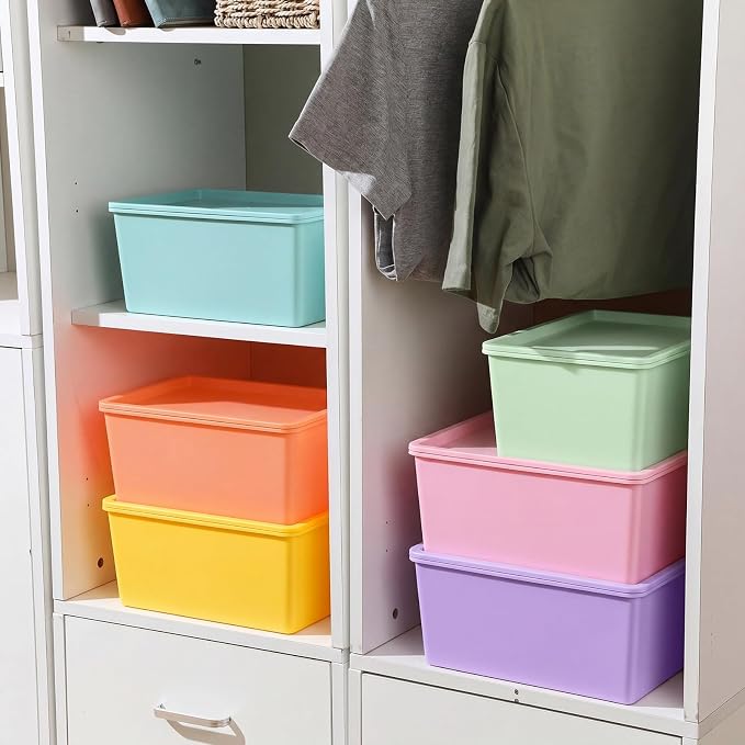 6 Pcs Plastic Storage Bins with Lids Stackable Storage Containers Durable Box Baskets for Organizing Shelves Playroom Classroom Office (Macaron Color,Large and Small)