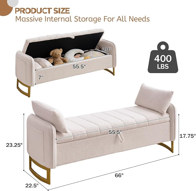 66" End of Bed Bench King Size, Teddy Boucle Storage Bench for Bedroom Foot of Bed, Storage Ottoman Bench with Golden Legs and Pillows for Living Room Window Entryway, White