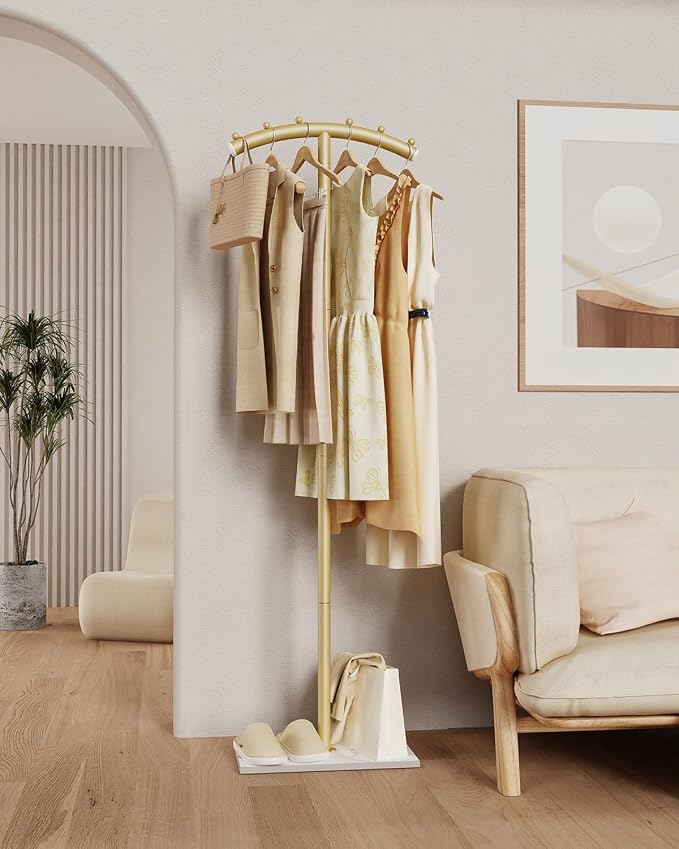 Modern Coat Racks,T-Shaped Coat Stand with Rock Base,68.9in Gold | Metal Garment Racks with Anti Slip Knot,Arcuate Clothes Display Hanger with Natural Patterned Bottom Plate for Bedroom