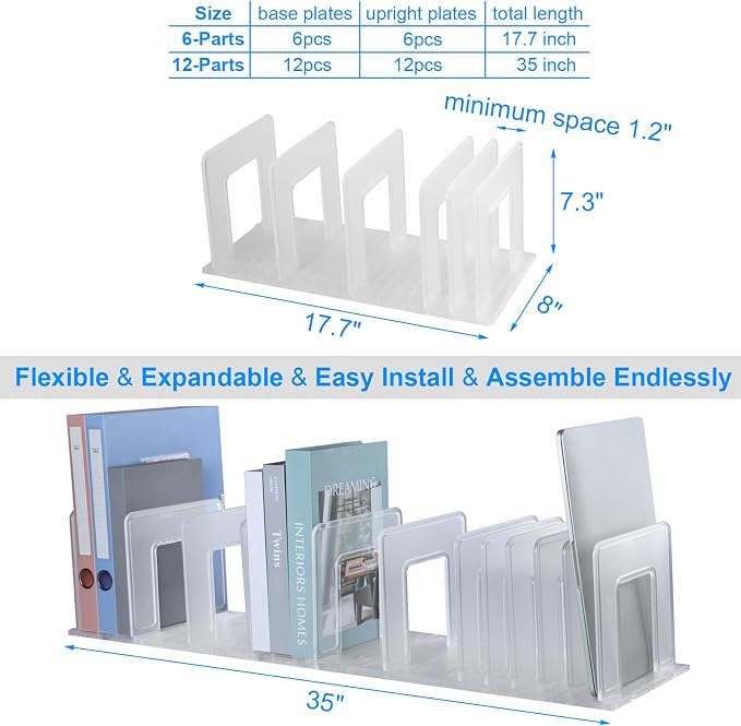Translucent Frosted Adjustable Vertical File Sorter Sturdy Plastic Expandable Upright File Holder, Desktop Binder Organizer, School Office Book File Organizer, Assemble Easily Endlessly
