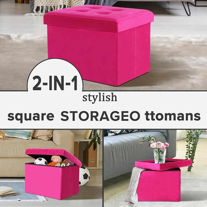 LINMAGCO Storage Ottoman Folding Foot Stool Velvet Foot Rest with Padded Modern Ottoman with Storage for Living Room Puppy Step Stool 17x13x13in(ROSEO)