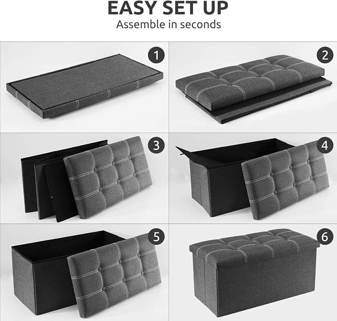YOUDENOVA 30" Linen Ottoman with Storage, Folding Bench, Gray | Foldable linen ottoman with hidden storage, padded seat and sturdy frame for living room or bedroom.
