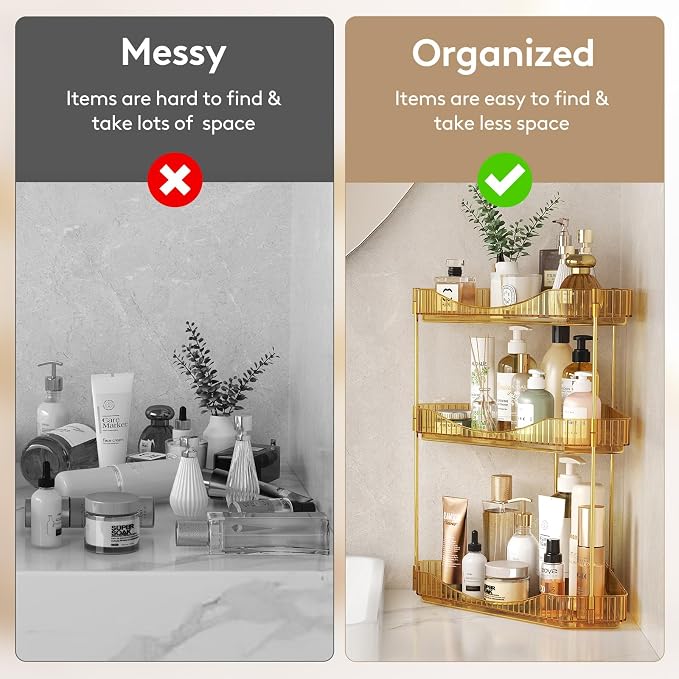 Lifewit 3 Tier Corner Bathroom Counter Organizers and Storage, Golden | Plastic Makeup Skincare Organizers Countertop, Large Sink Cosmetic Perfume Shelf for Bedroom, Dresser, Kitchen, Vanity
