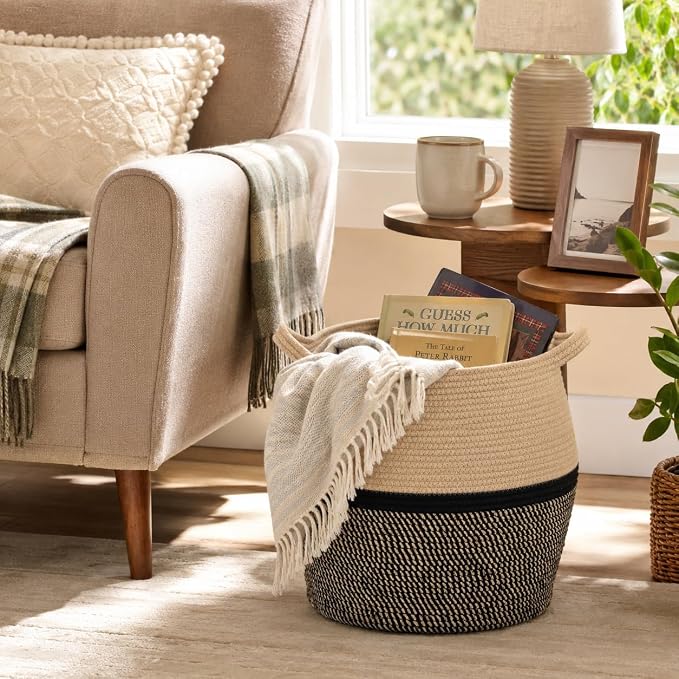 KAKAMAY Woven Baskets for Storage(17"x17"),Large Cotton Rope Woven Baby Laundry Hamper,Collapsible Laundry Basket, Blanket Basket for Organizing Living Room,Nursery,Clothes,Toy chest (Black)