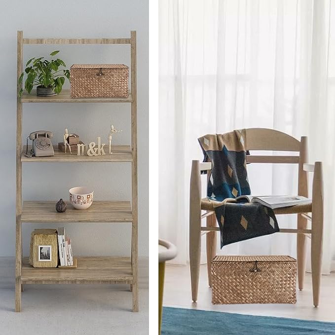 Hipiwe Wicker Shelf Baskets Bin with Lid Small Handwoven Storage Basket Box | Natural Seagrass Basket Bins Rectangular Household Basket Boxes for Shelf Wardrobe Home Organizer, Coffee